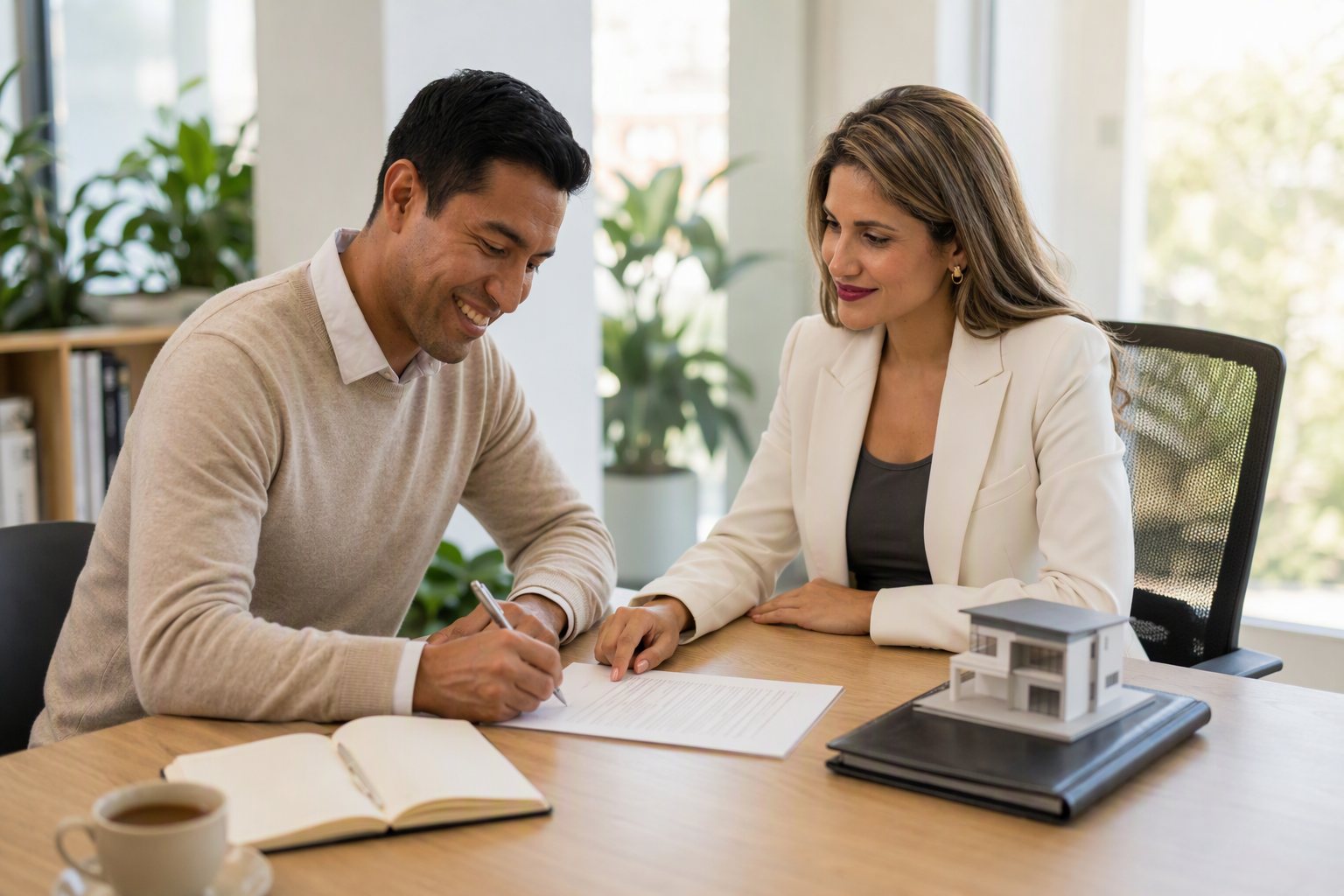 Cliente firmando un documento acompañado por una asesora de Viable Capital