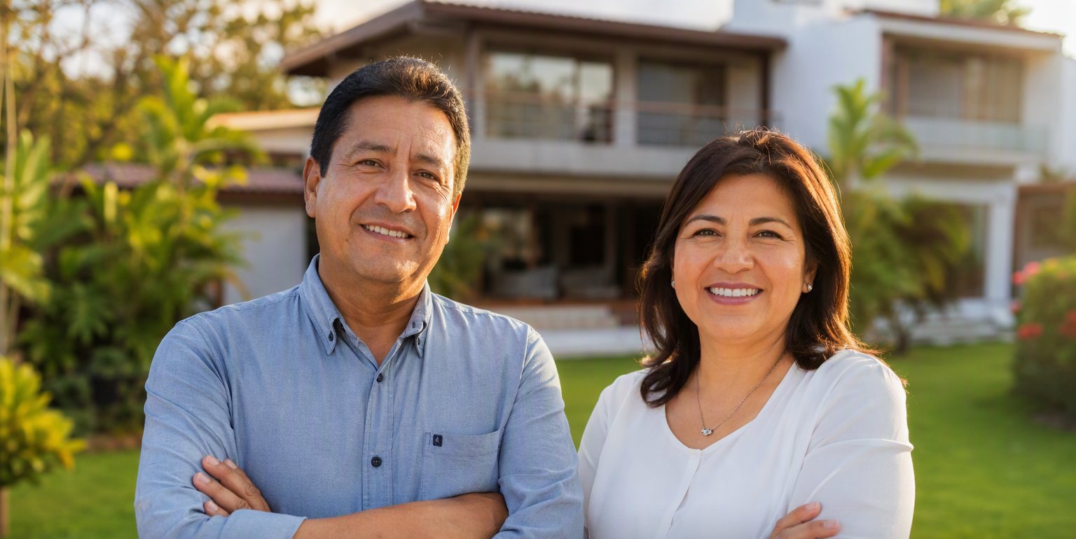 Pareja sonriendo frente a su casa