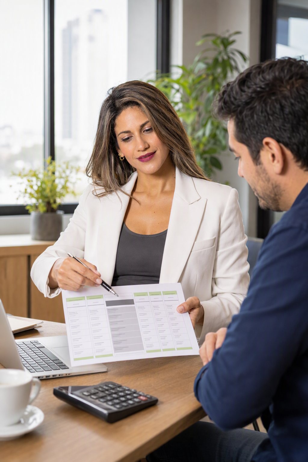 Asesora de Viable Capital explicando al cliente sus opciones en una hoja comparativa